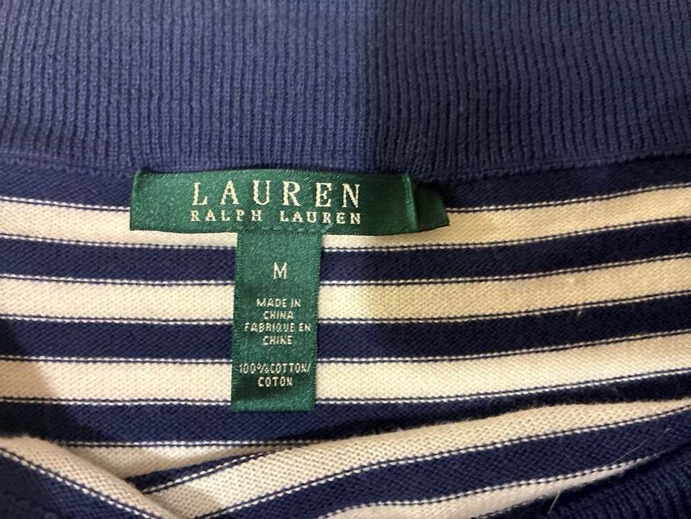 Lauren Ralph Lauren Nautical Striped Sweater M Navy Cream Gold Buckle Coastal